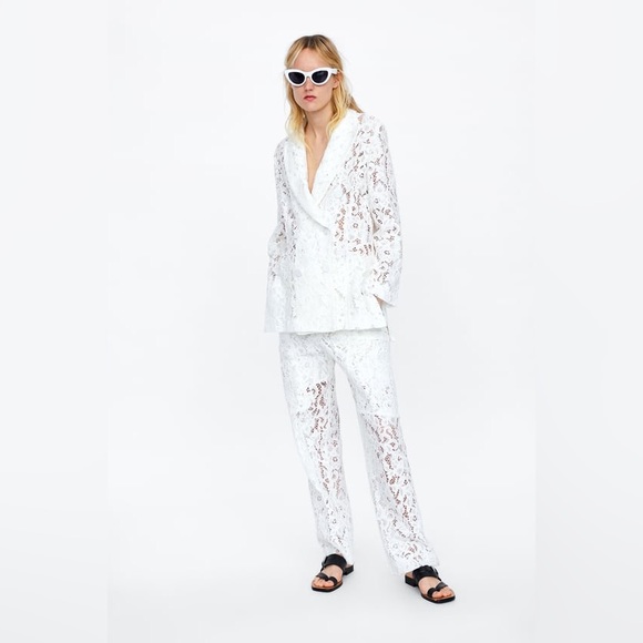 ZARA 2 PIECE WHITE LACE BLAZER AND PANTS SIZE M 🦋BLOGGERS FAVORITE🦋 - Picture 10 of 16